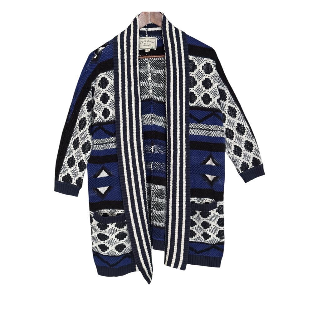 LUCKY BRAND Women’s Open Front Long Cardigan Sweater Blue Black Geometric M